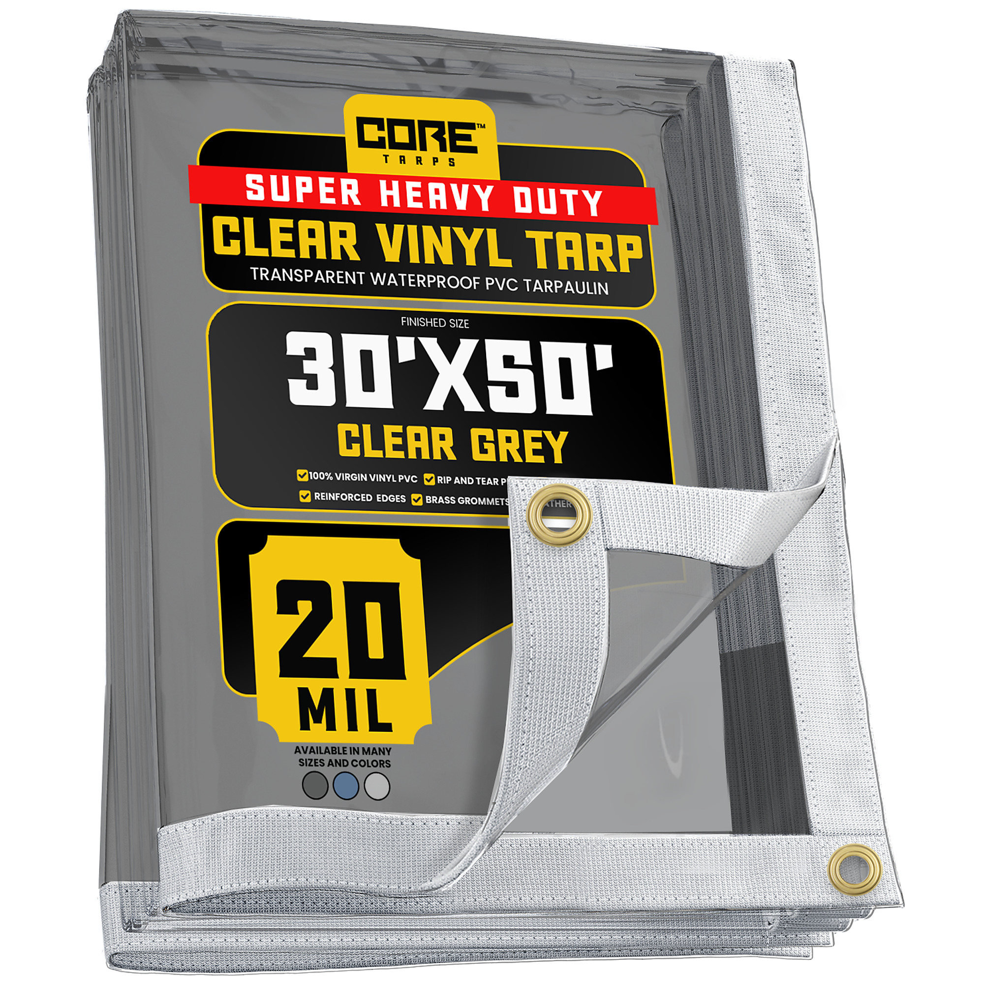 Core Tarps Extreme Heavy-Duty Vinyl Tarp — 20 Mil, Waterproof, PVC, Brass Grommets, 30ft. x 50ft., Clear Grey, Model# CT-102-30X50
